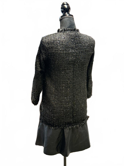Zara Basic Black Tweed Jacket Mini Dress Textured Frayed Hem Coat Size XS  VTG
