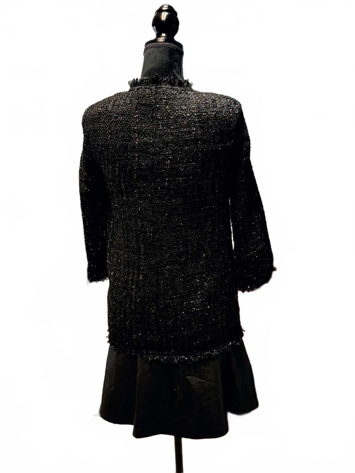 Zara Basic Black Tweed Jacket Mini Dress Textured Frayed Hem Coat Size XS  VTG