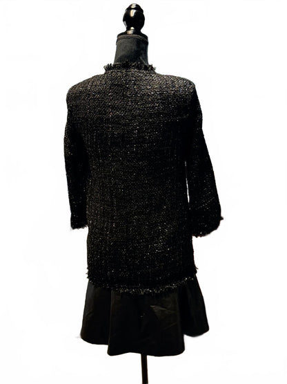 Zara Basic Black Tweed Jacket Mini Dress Textured Frayed Hem Coat Size XS  VTG