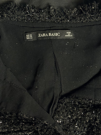 Zara Basic Black Tweed Jacket Mini Dress Textured Frayed Hem Coat Size XS  VTG