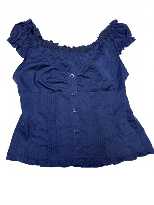Vintage Navy Blue Ruffle Trim Milkmaid Blouse Fairycore Boho Peasant Top Small