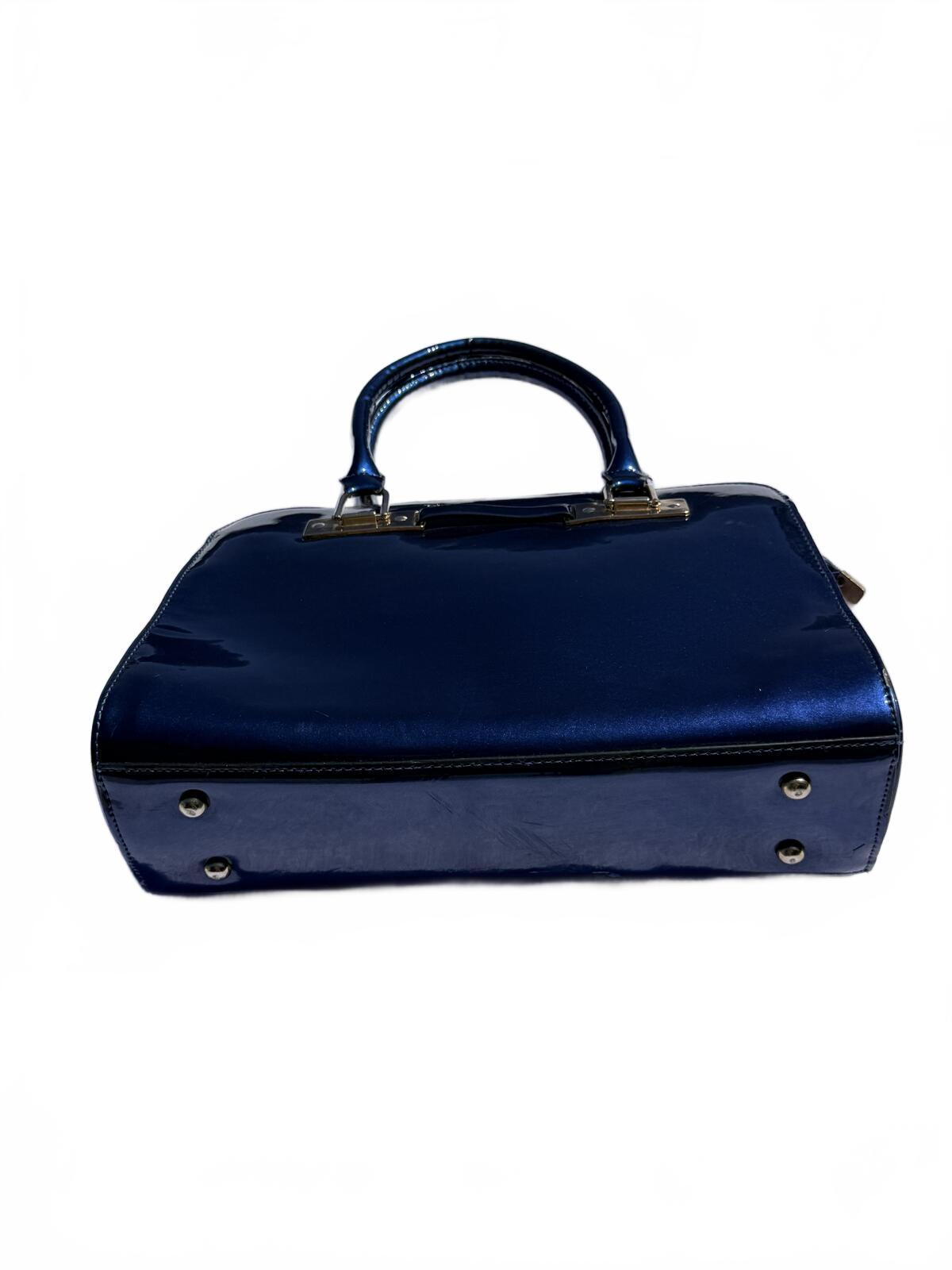 Vintage Blue Leather Satchel Handbag Designer Tote Shoulder Bag Structured Purse