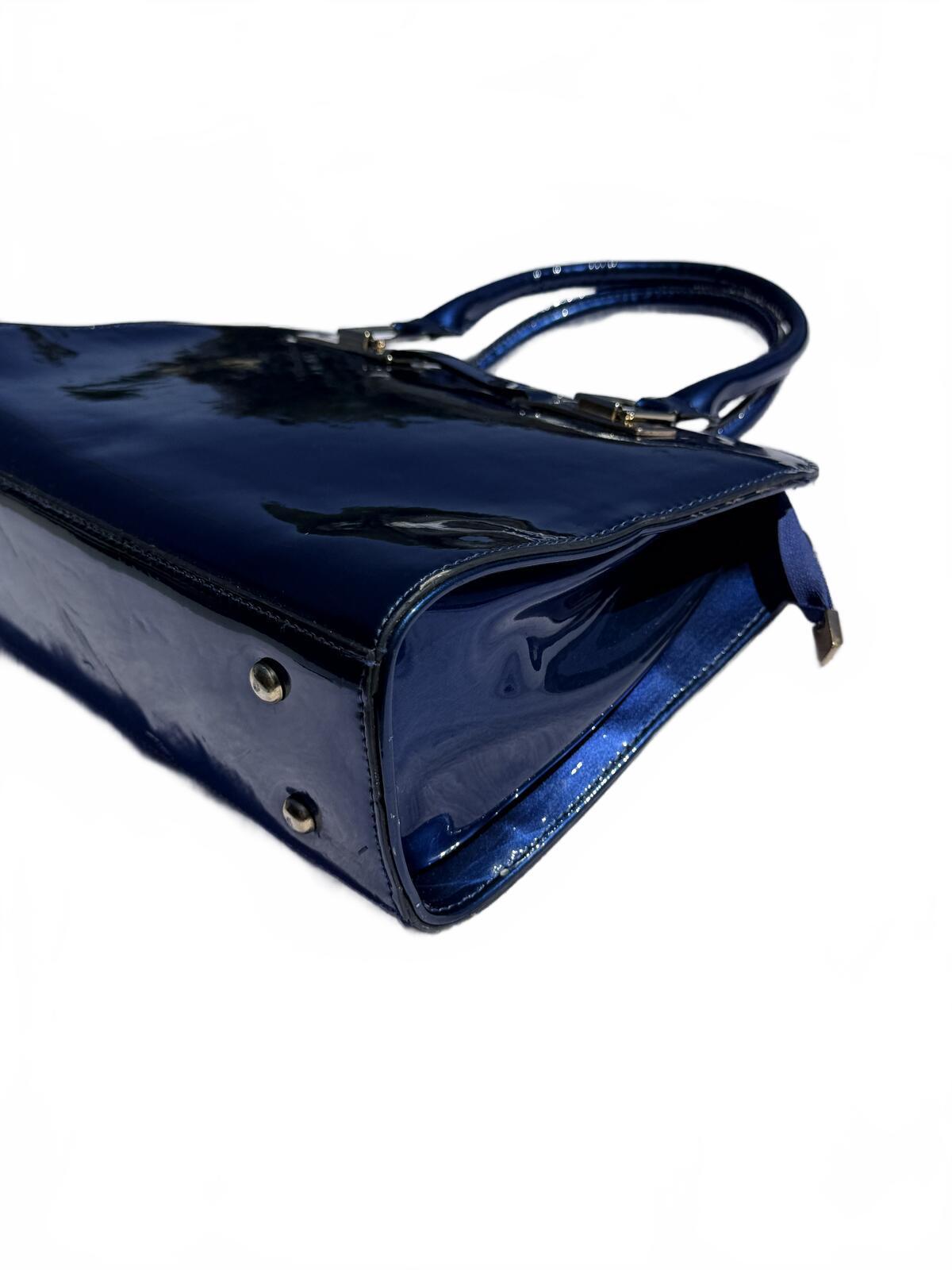 Vintage Blue Leather Satchel Handbag Designer Tote Shoulder Bag Structured Purse