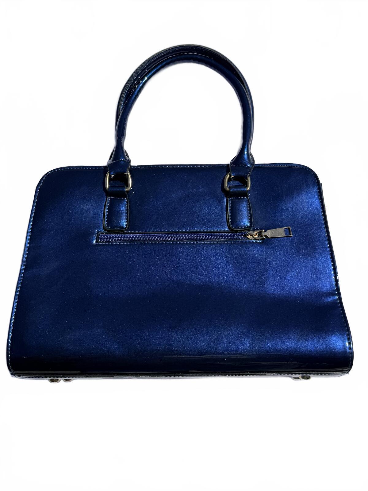Vintage Blue Leather Satchel Handbag Designer Tote Shoulder Bag Structured Purse