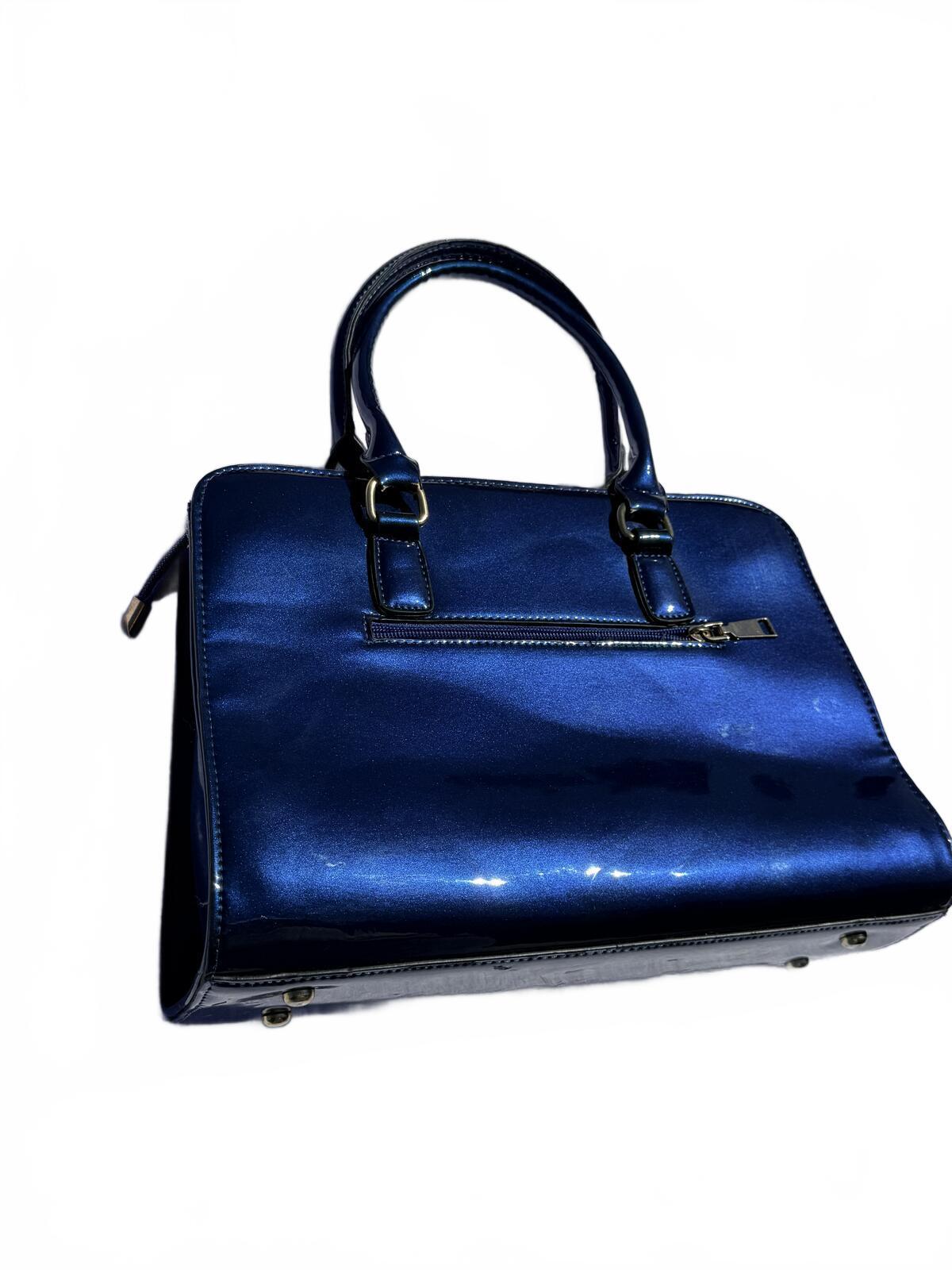 Vintage Blue Leather Satchel Handbag Designer Tote Shoulder Bag Structured Purse