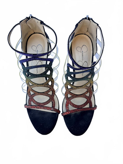 Jessica Simpson Rainbow Rhinestone Strappy Gladiator Heeled Sandals Black Suede