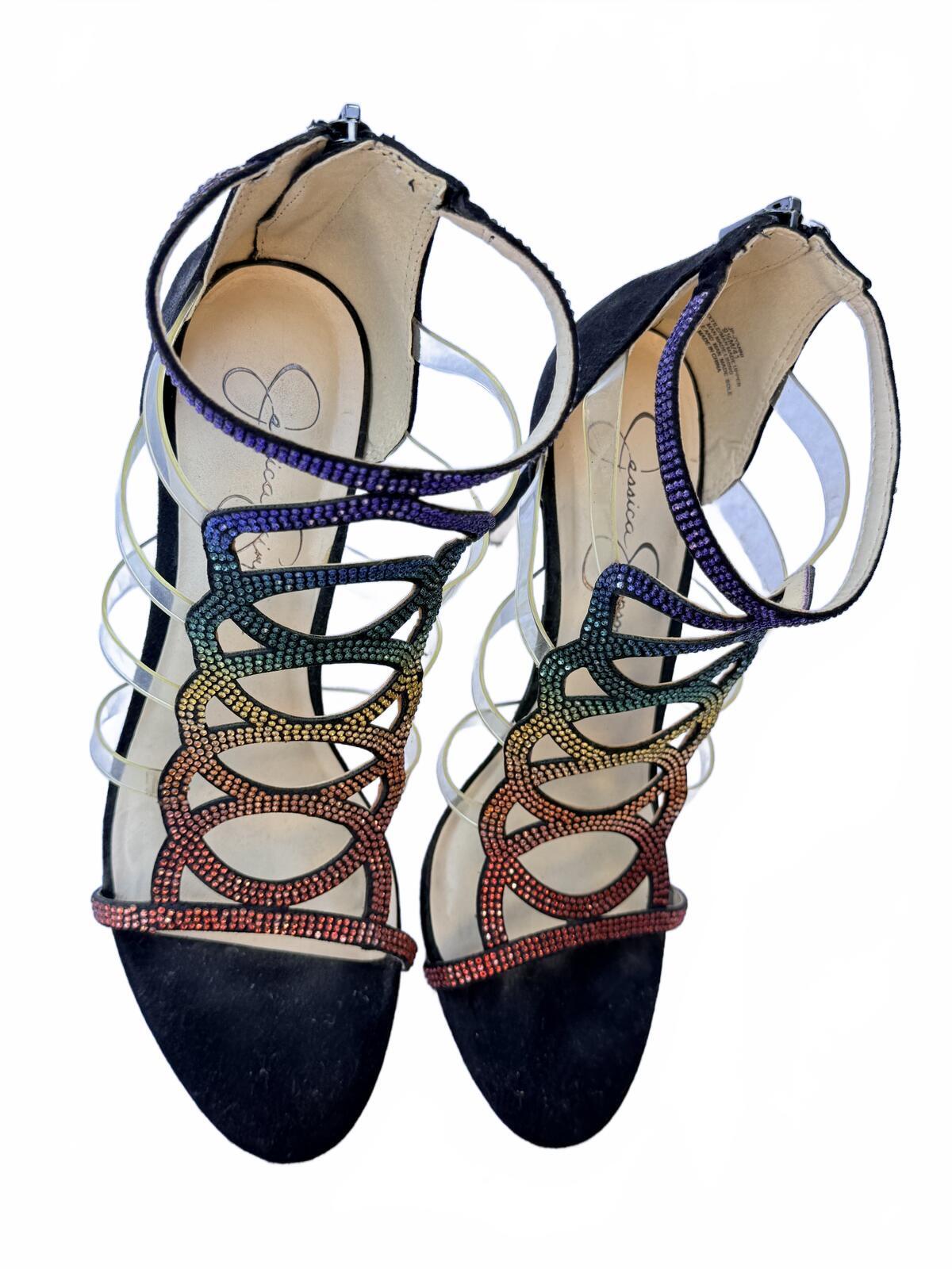 Jessica Simpson Rainbow Rhinestone Strappy Gladiator Heeled Sandals Black Suede