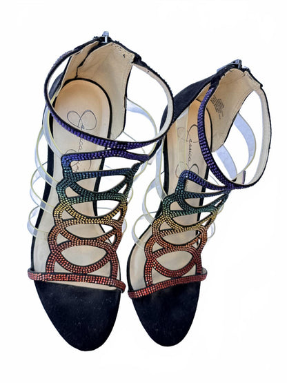 Jessica Simpson Rainbow Rhinestone Strappy Gladiator Heeled Sandals Black Suede