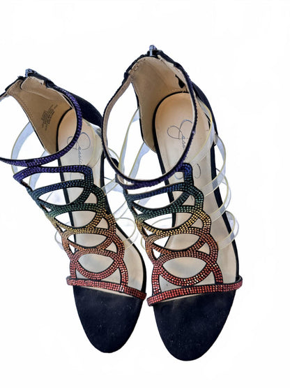 Jessica Simpson Rainbow Rhinestone Strappy Gladiator Heeled Sandals Black Suede