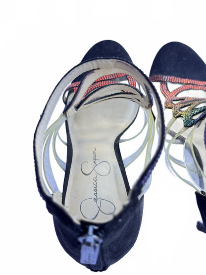 Jessica Simpson Rainbow Rhinestone Strappy Gladiator Heeled Sandals Black Suede