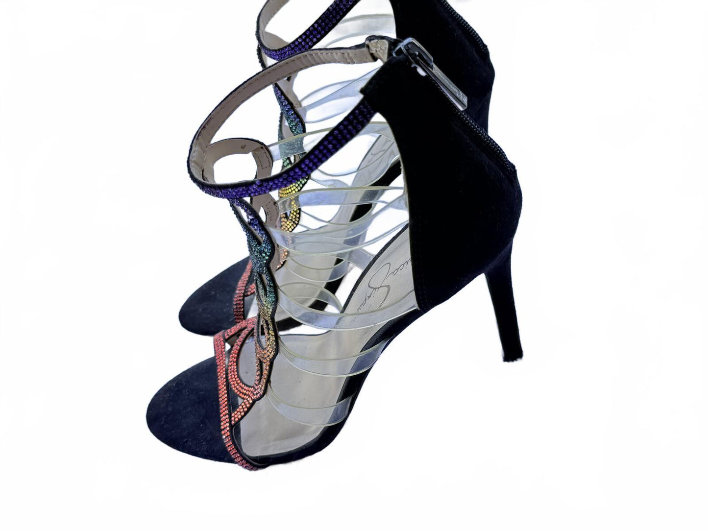 Jessica Simpson Rainbow Rhinestone Strappy Gladiator Heeled Sandals Black Suede