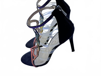 Jessica Simpson Rainbow Rhinestone Strappy Gladiator Heeled Sandals Black Suede