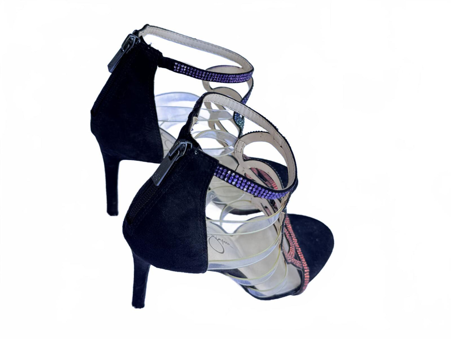 Jessica Simpson Rainbow Rhinestone Strappy Gladiator Heeled Sandals Black Suede