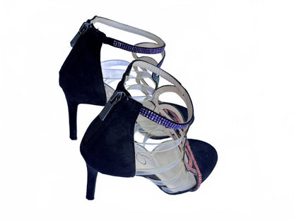 Jessica Simpson Rainbow Rhinestone Strappy Gladiator Heeled Sandals Black Suede