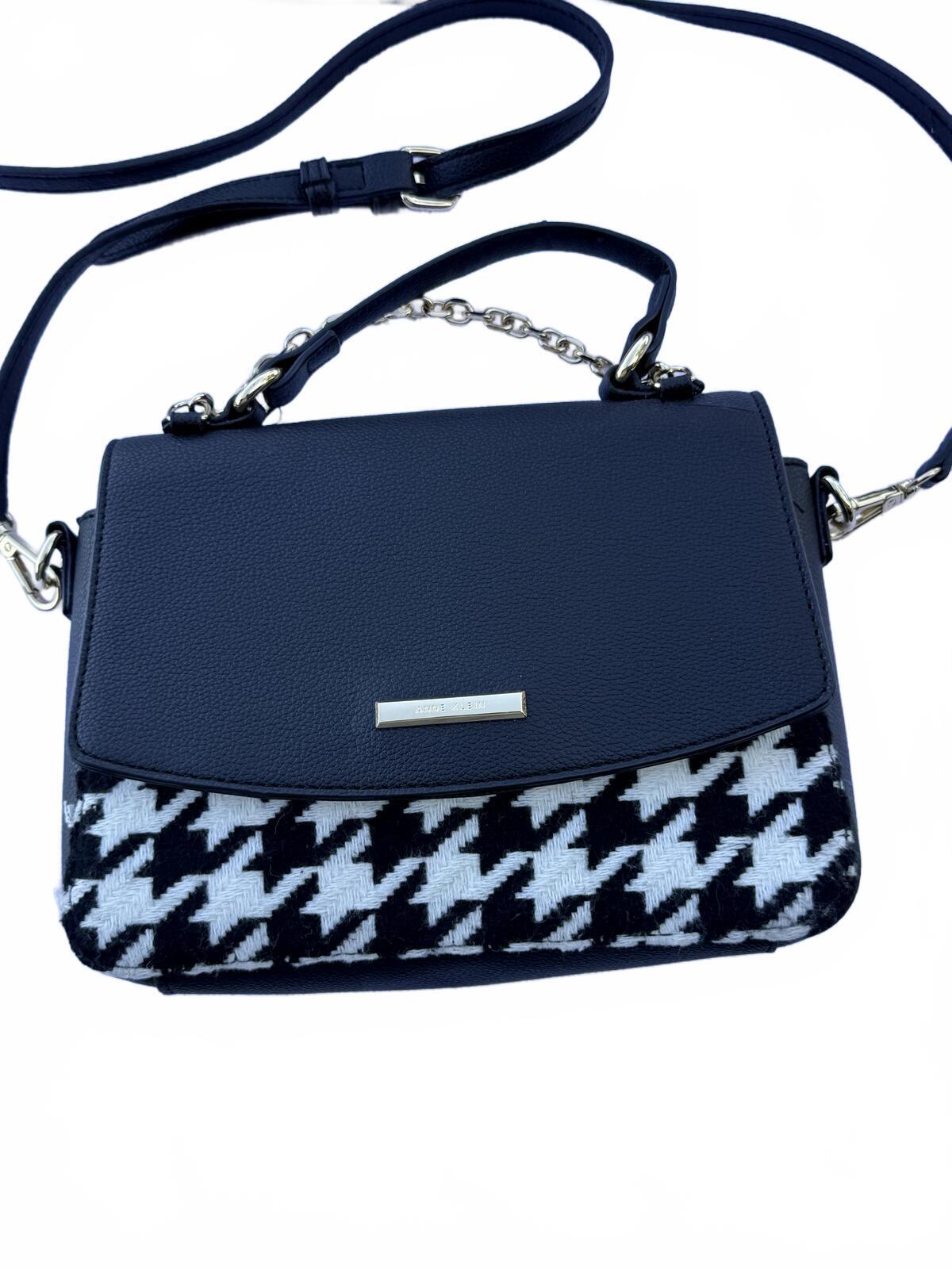 Anne Klein Navy Houndstooth Crossbody Satchel Top Handle Bag Silver Hardware Y2K