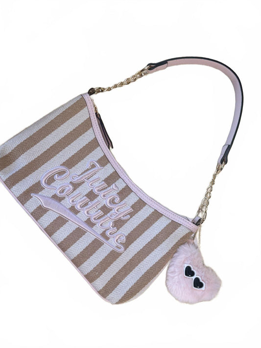 Juicy Couture Y2K Coquette Striped Shoulder Bag Pink Beige Monogram Lined Hobo