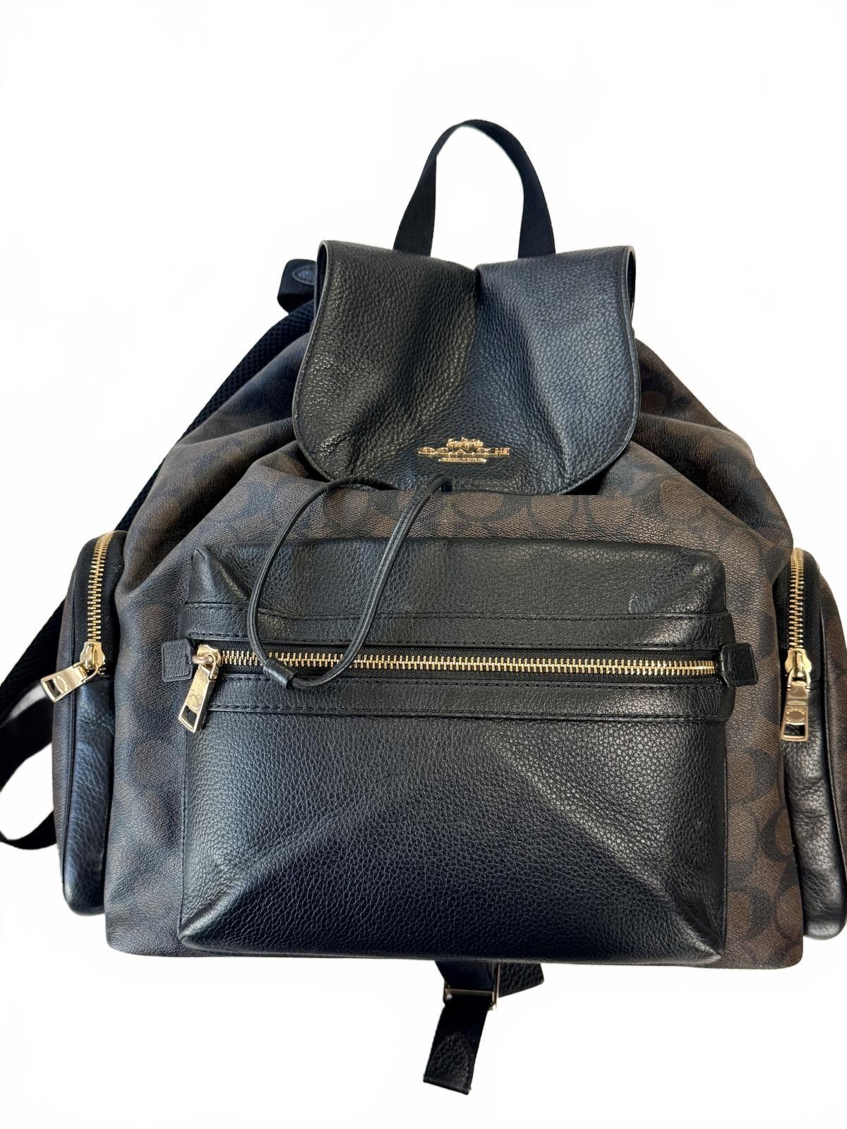 Coach Signature Canvas and Black Leather Drawstring Backpack