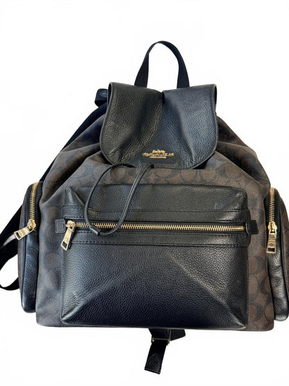 Coach Signature Canvas and Black Leather Drawstring Backpack