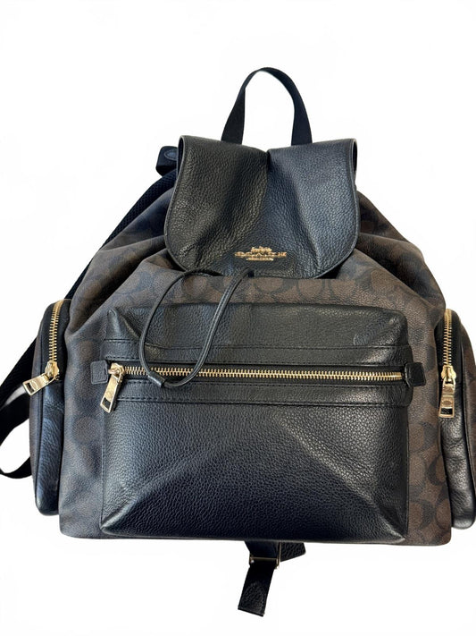 Coach Signature Canvas and Black Leather Drawstring Backpack