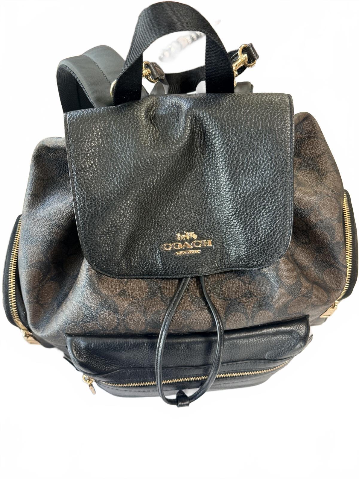 Coach Signature Canvas and Black Leather Drawstring Backpack