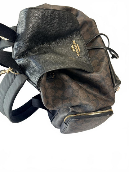 Coach Signature Canvas and Black Leather Drawstring Backpack