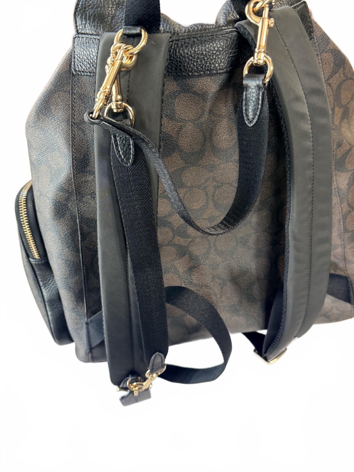 Coach Signature Canvas and Black Leather Drawstring Backpack