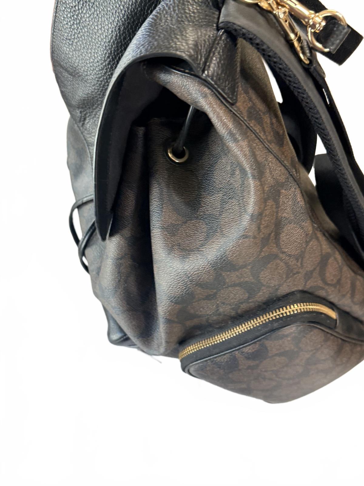 Coach Signature Canvas and Black Leather Drawstring Backpack