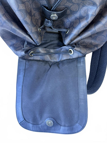 Coach Signature Canvas and Black Leather Drawstring Backpack