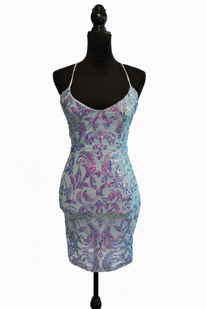 Windsor Sequin Bodycon Mini Dress Womens Light Blue Lace Up Open Back Y2K Size S