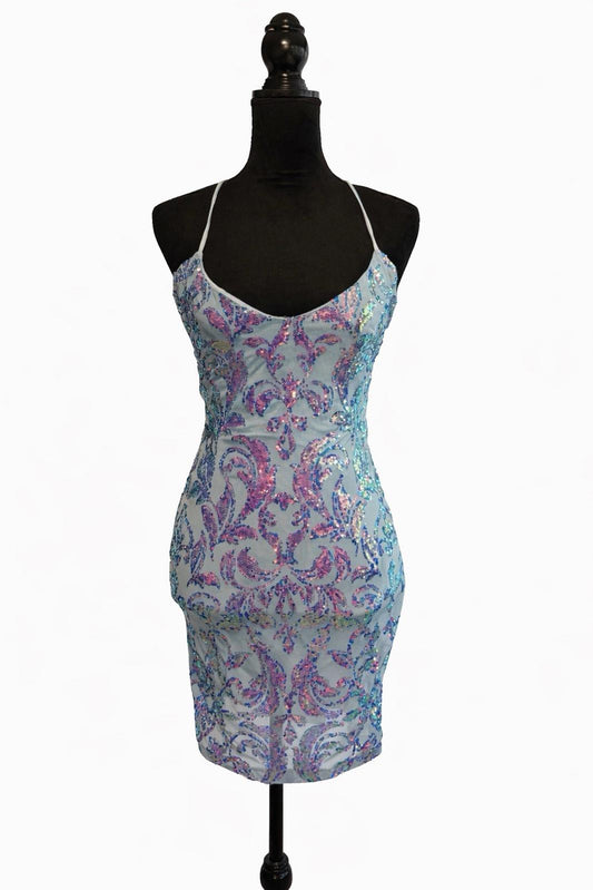 Windsor Sequin Bodycon Mini Dress Womens Light Blue Lace Up Open Back Y2K Size S