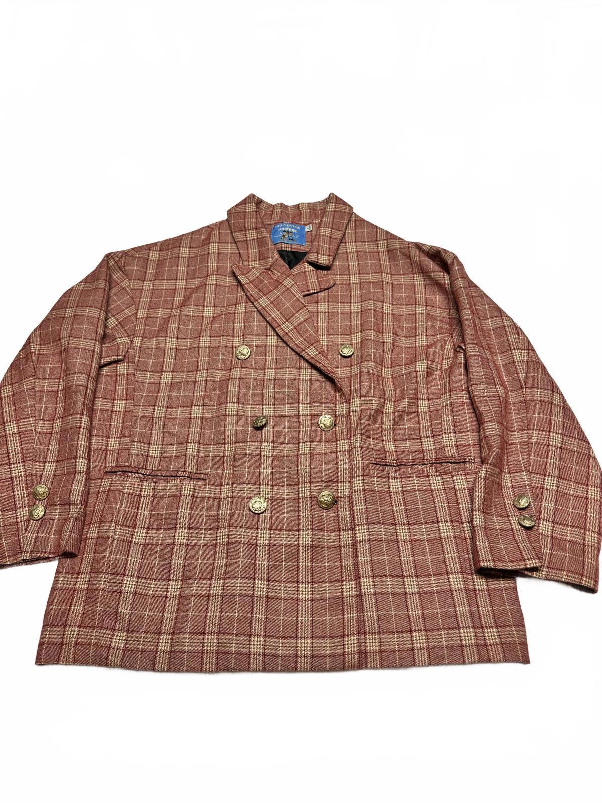 Plaid Double-Breasted Blazer with Back Graphic