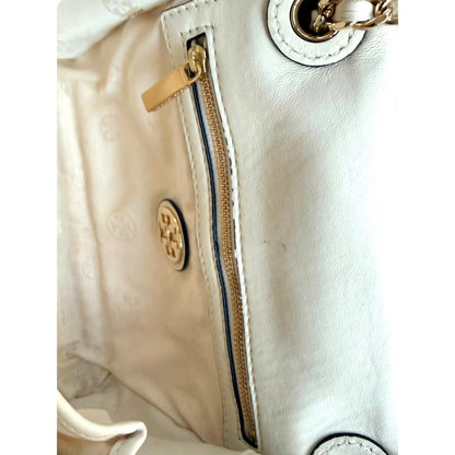 Tory Burch Quilted Leather Chain Shoulder Bag Ivory Cream Crossbody Purse Gold
