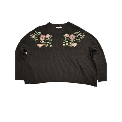 Woven Heart Women’s Black Floral Embroidered Knit Sweater Size M Long Sleeve