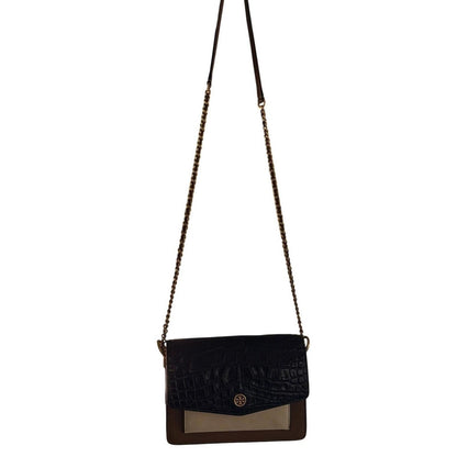 Tory Burch Black Brown Croc Embossed Leather ChainCrossbody Bag Purse
