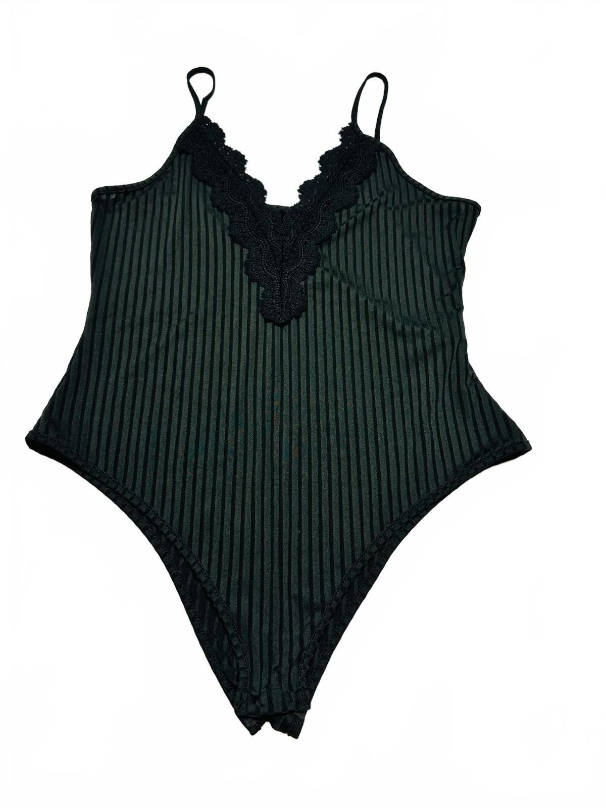 SHEIN Curve 1XL Black Lace Trim Striped Bodysuit