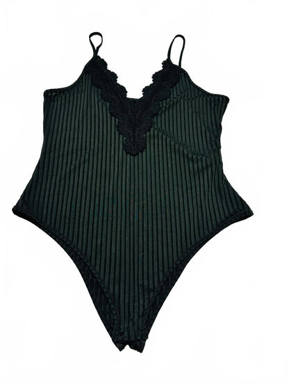 SHEIN Curve 1XL Black Lace Trim Striped Bodysuit