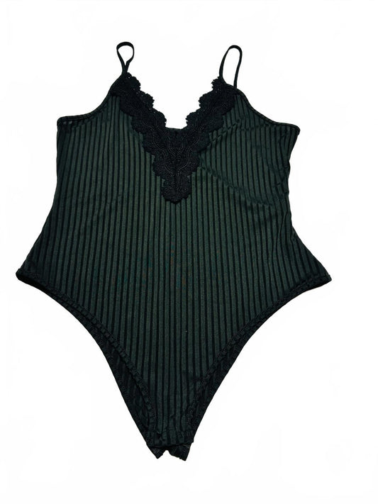 SHEIN Curve 1XL Black Lace Trim Striped Bodysuit