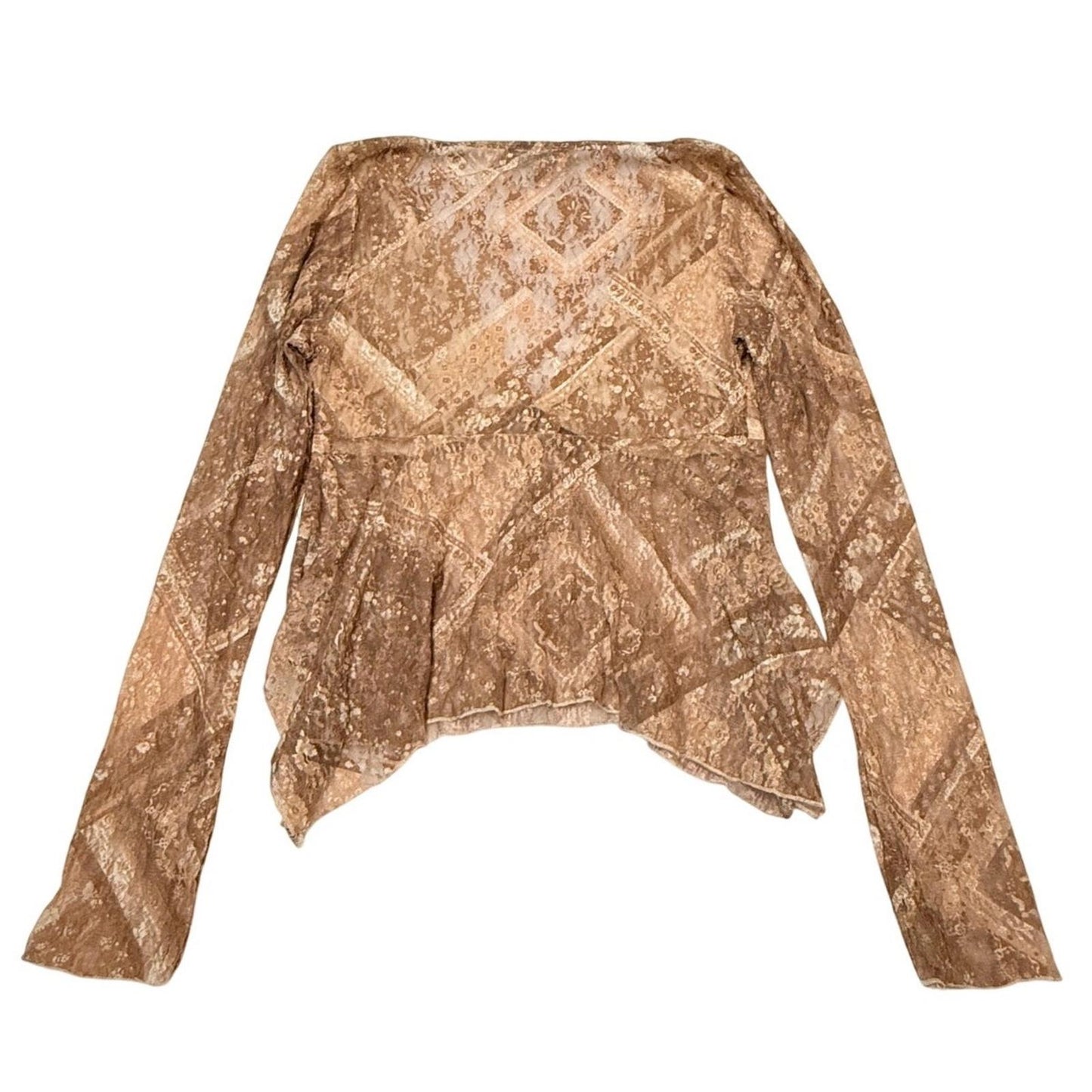 Madden Girl Sheer Lace Long Sleeve Top Brown Y2K Boho Floral Blouse Size M