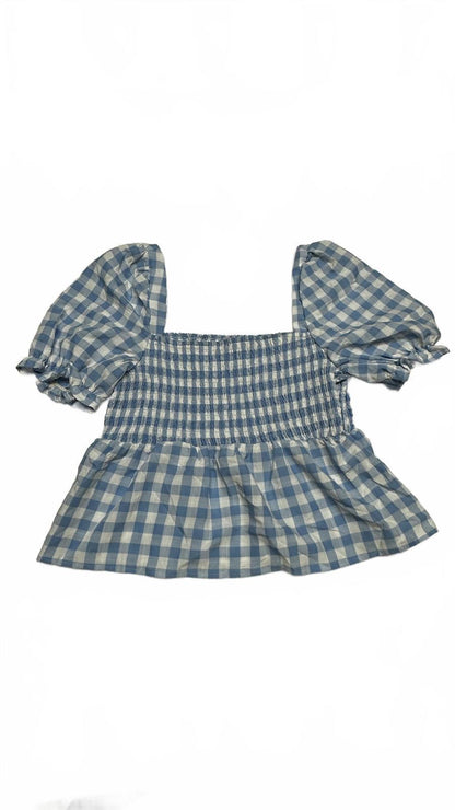 Dizzy Lizzy Blue and White Gingham Puff Sleeve Top - Size L