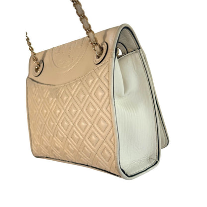 Tory Burch Quilted Leather Chain Shoulder Bag Ivory Cream Crossbody Purse Gold