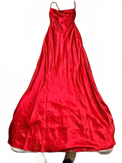 Morgan & Co Red Satin Maxi Dress Cowl Neck Lace Up Back Prom Formal Gown XS Y2K