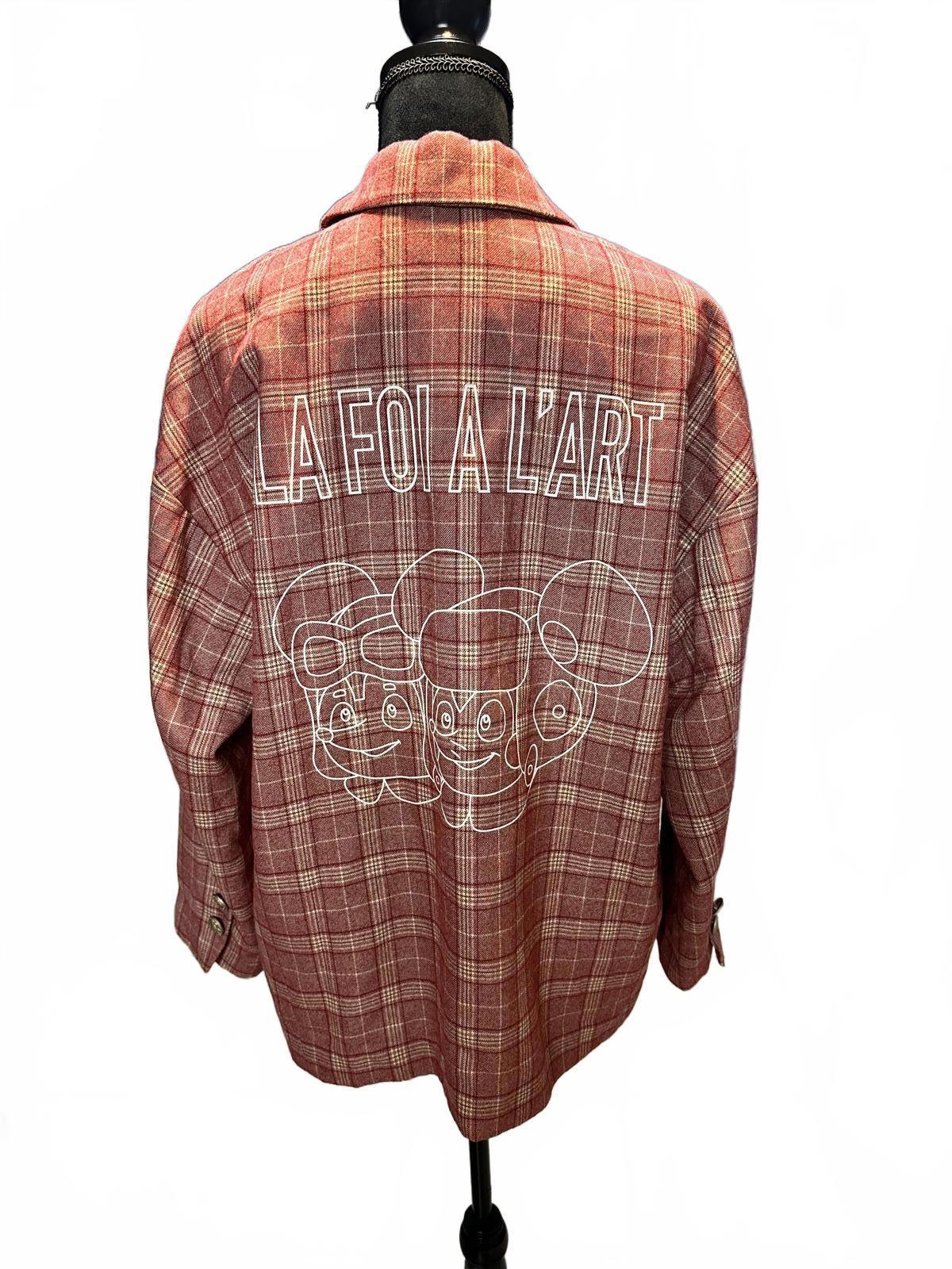 Plaid Double-Breasted Blazer with Back Graphic