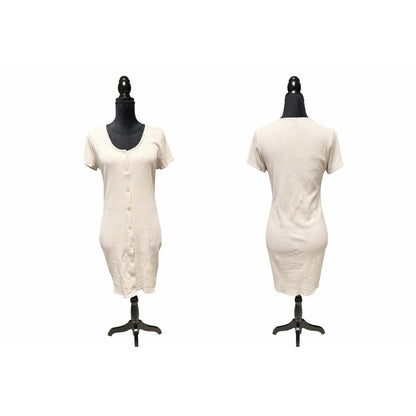 H&M Ribbed Button Front Midi Dress Beige Cream Women’s Size L Short Sleeve Women