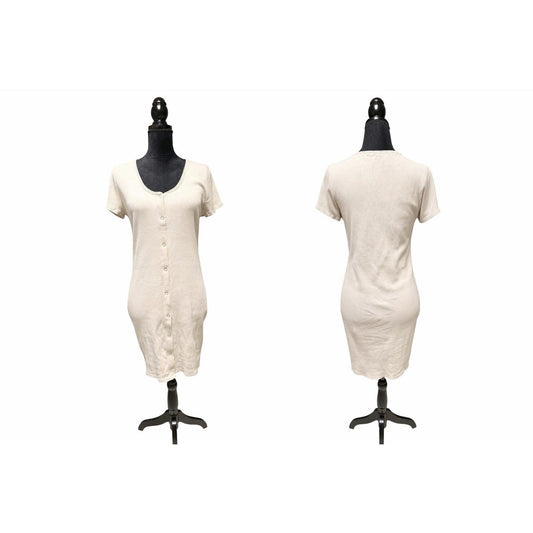 H&M Ribbed Button Front Midi Dress Beige Cream Women’s Size L Short Sleeve Women