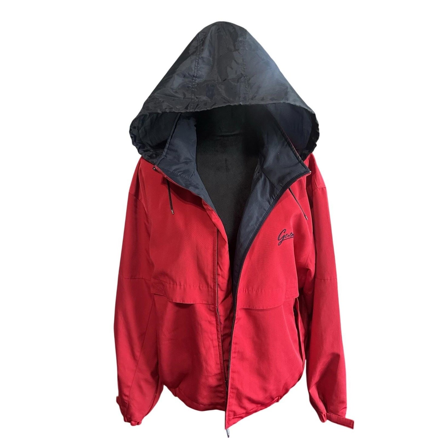 Vintage Port Authority Mens Large Red Windbraker Jacket w/ Hiding Hoodie!