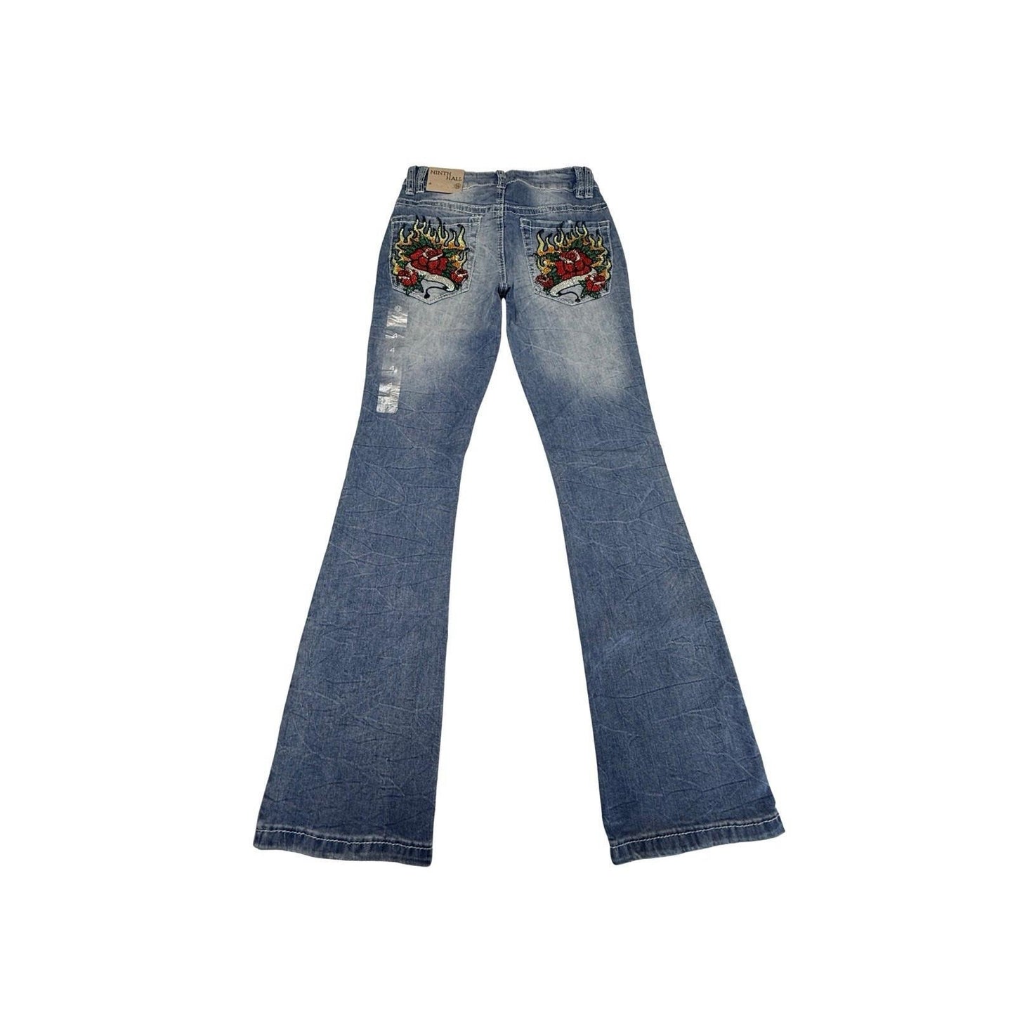 Ninth Hall Women’s Flare Jeans Size 4 Embroidered Flame Rose Pockets Y2K NWT