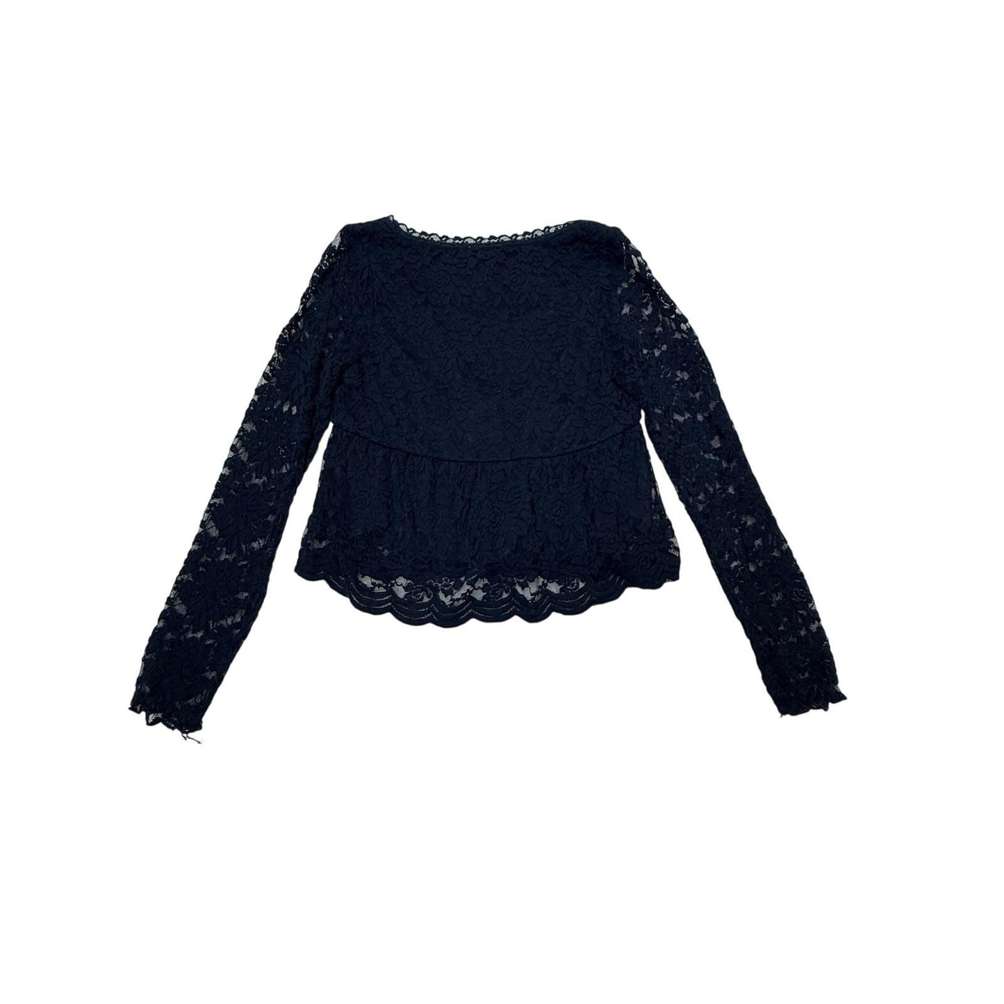 La Peche Black Lace Long Sleeve Peplum Top Women’s Size L Floral Sheer Blouse