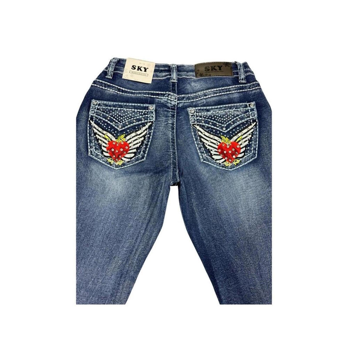 SKY Low Rise Bootcut Jeans Women Rhinestone Wing Heart Pockets NWT Size 7 Y2K