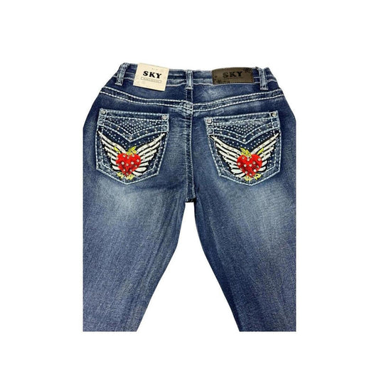 SKY Low Rise Bootcut Jeans Women Rhinestone Wing Heart Pockets NWT Size 7 Y2K
