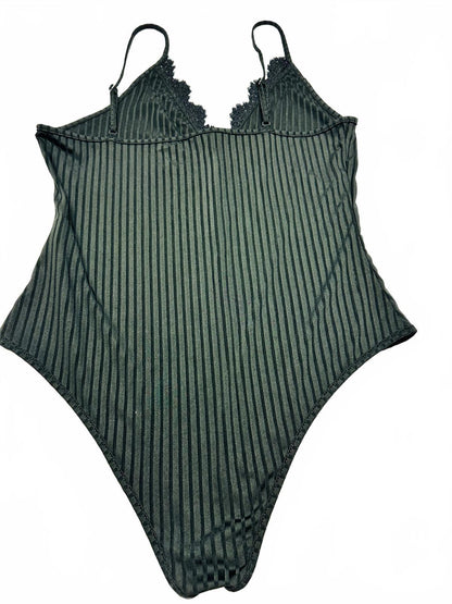 SHEIN Curve 1XL Black Lace Trim Striped Bodysuit